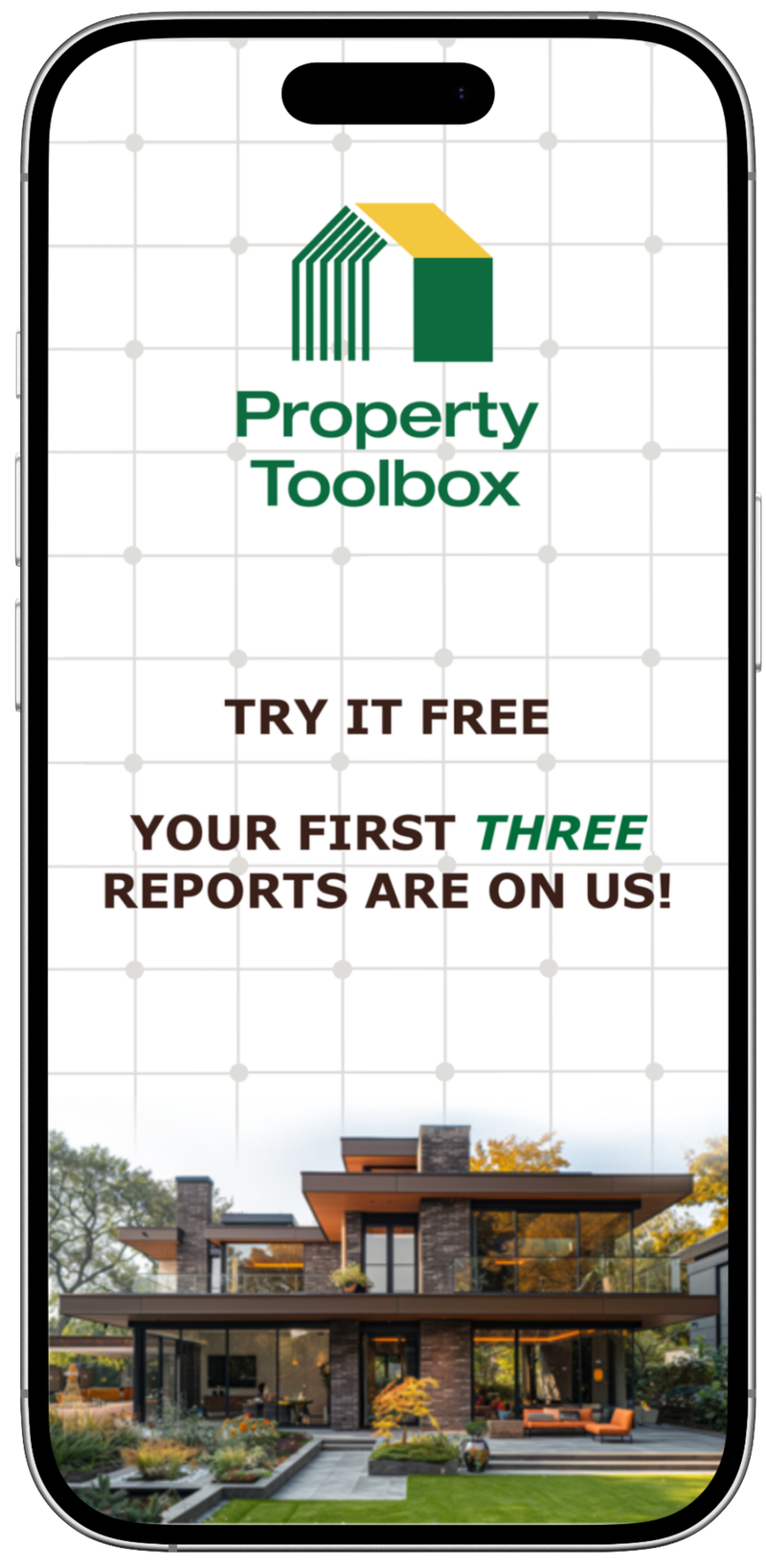 Property Toolbox MGMT app welcome screen: try it free, your first three reports are on us